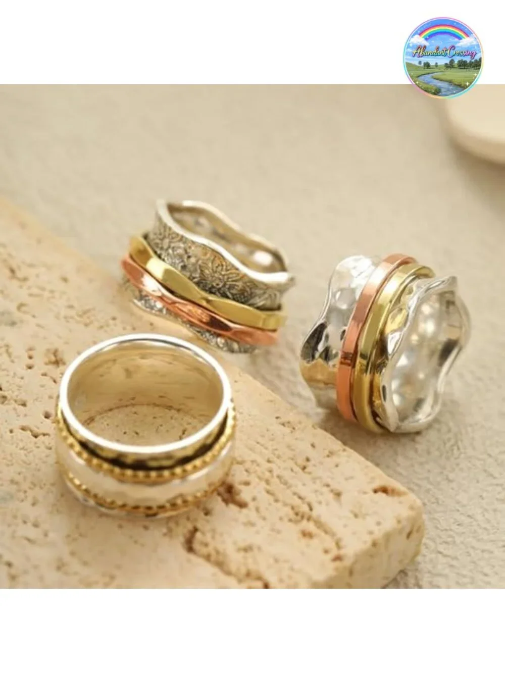 Floral Design 925 Sterling Silver Spinner Ring with Brass & Copper Bands for